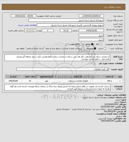 استعلام استاندارد سازی وساماندهی دکل ها. ایمن سازی استاندارد سازی دکلها وایرلس  (ارت سنج، صاعقه گیر وچراغ هشدارو......طبق لیست پیوستی