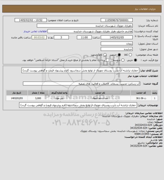 استعلام حفاری ترانشه آب شرب روستای چوزوک از توابع بخش سجاسرود
(فرم پیشنهاد قیمت و گواهی پیوست گردد)