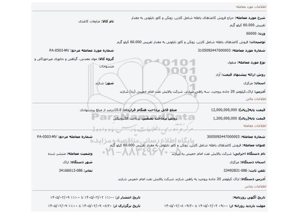 مزایده، فروش کاغذهای باطله شامل کارتن، زونکن و کاور نایلونی به مقدار تقریبی 60،000 کیلو گرم