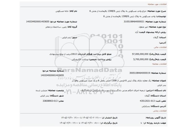 مزایده، واحد مسکونی به پلاک ثبتی 1308/6 باقیمانده از بخش 6
