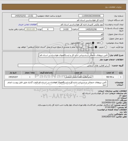 استعلام تأمین نیروهای خدماتی و پشتیبانی اداره کل و ایستگاههای هواشناسی استان قم