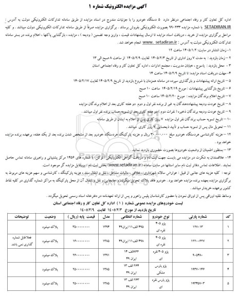 مزایده 5 دستگاه خودرو 