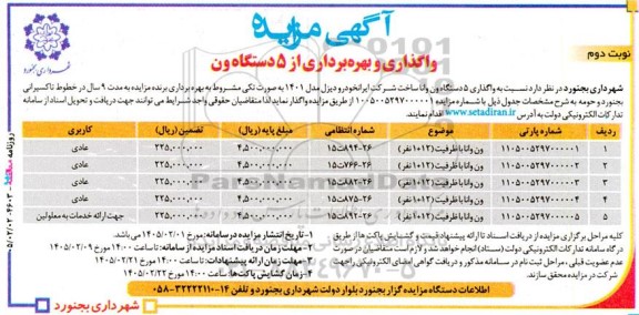 مزایده واگذاری و بهره برداری از 5 دستگاه ون / نوبت دوم