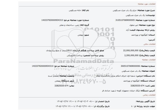 مزایده، یک باب منزل مسکونی