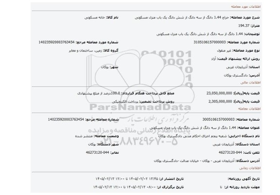 مزایده، 1.44 دانگ از سه دانگ از شش دانگ یک باب منزل مسکونی