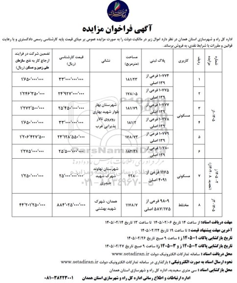 مزایده فروش املاک مسکونی و مختلط