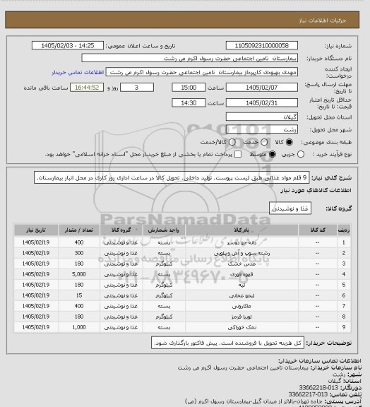 استعلام 9 قلم مواد غذائی طبق لیست پیوست. تولید داخلی. تحویل کالا در ساعت اداری روز کاری در محل انبار بیمارستان.