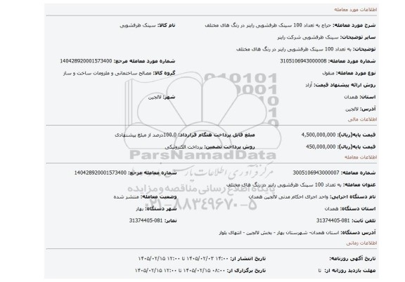 مزایده، به تعداد 100 سینک ظرفشویی راینر در رنگ های مختلف