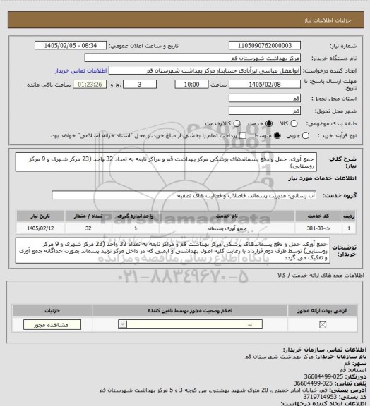 استعلام جمع آوری، حمل و دفع پسماندهای پزشکی مرکز بهداشت قم و مراکز تابعه به تعداد 32 واحد (23 مرکز شهری و 9 مرکز روستایی)