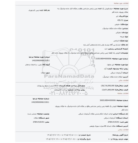 مزایده، فروش یک قطعه زمین زراعی مشاعی واقع در ملکان-کنار جاده میاندوآب به ملکان روبروی جاده لکلر