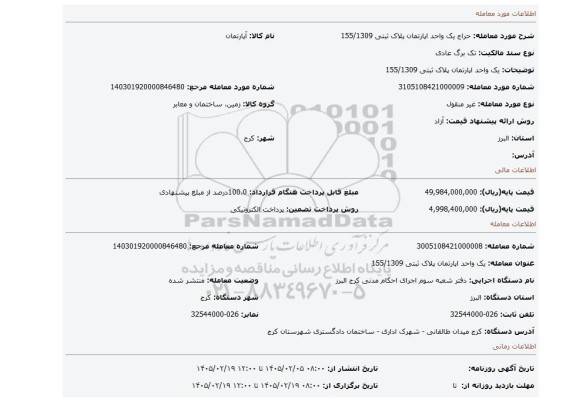 مزایده، یک واحد اپارتمان پلاک ثبتی 155/1309