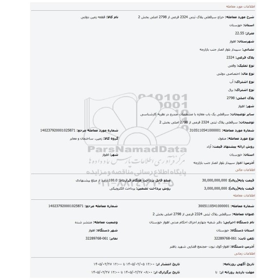 مزایده، سرقفلی پلاک ثبتی 2324 فرعی از 2798 اصلی بخش 2