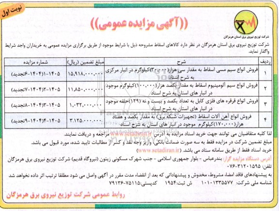 تجدید مزایده فروش انواع سیم مسی اسقاط به مقدار سی هزار 30.000 کیلوگرم ....