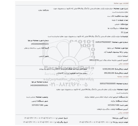 مزایده، مزایده یکباب مغازه قسمتی از7دانگ پلاک84 اصلی که تاکنون سندمفروزی جهت مغازه صادرنشده است