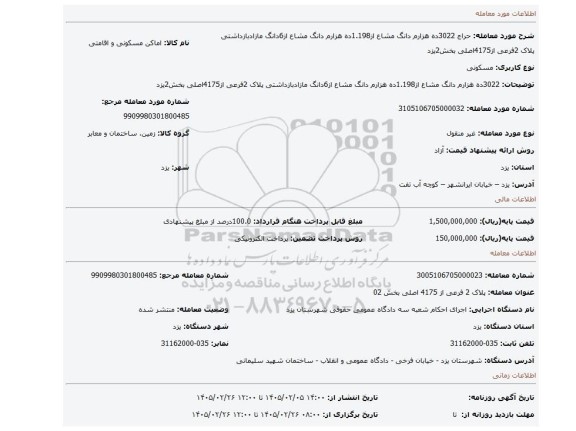 مزایده، 3022ده هزارم دانگ مشاع از1.198ده هزارم دانگ مشاع از6دانگ مازادبازداشتی پلاک 2فرعی از4175اصلی بخش2یزد
