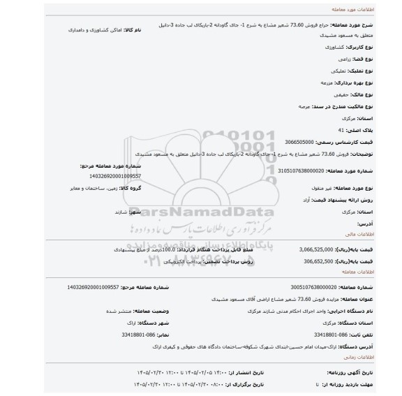 مزایده، فروش 73.60 شعیر مشاع به شرح 1- جای گاودانه 2-باریکای لب جاده 3-دانیل متعلق به مسعود مشیدی
