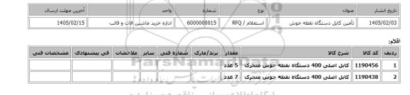 استعلام، تأمین کابل دستگاه نقطه جوش