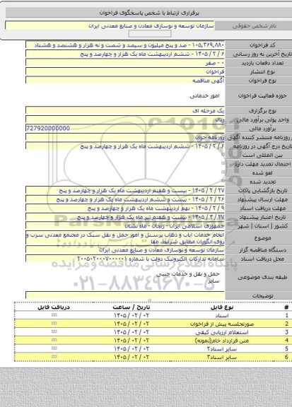 مناقصه, انجام خدمات ایاب و ذهاب پرسنل و امور حمل و نقل سبک در مجتمع معدنی سرب و روی انگوران مطابق شرایط، مفا