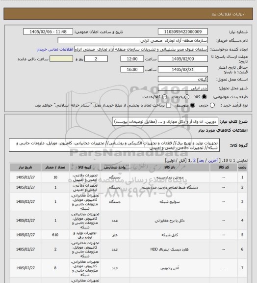 استعلام دوربین، ان وی آر و دکل مهاری و ... (مطابق توضیحات پیوست)