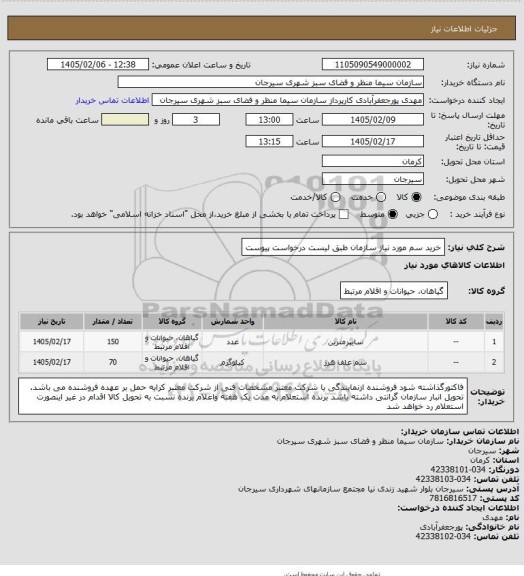استعلام خرید سم مورد نیاز سازمان طبق لیست درخواست پیوست