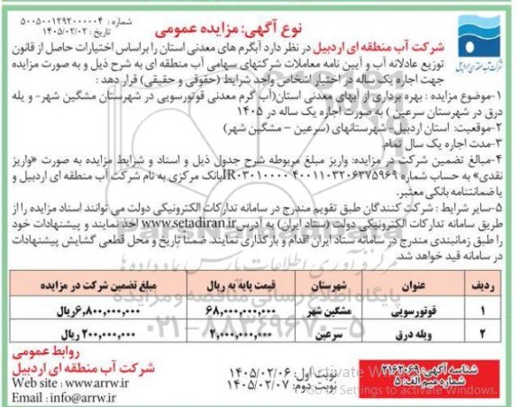 مزایده اجاره یک ساله آبگرم....