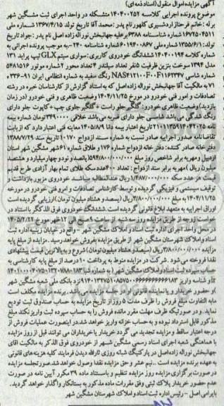 مزایده ششدانگ یکدستگاه خودروی کاربری سواری سیتم GLX تیپ پراید 131 مدل 1394