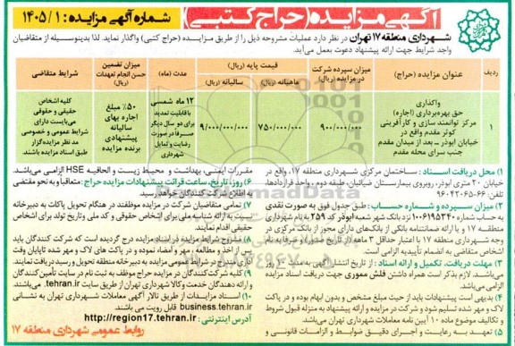 مزایده واگذاری حق بهره برداری (اجاره) مرکز توانمند سازی و کارآفرینی ...