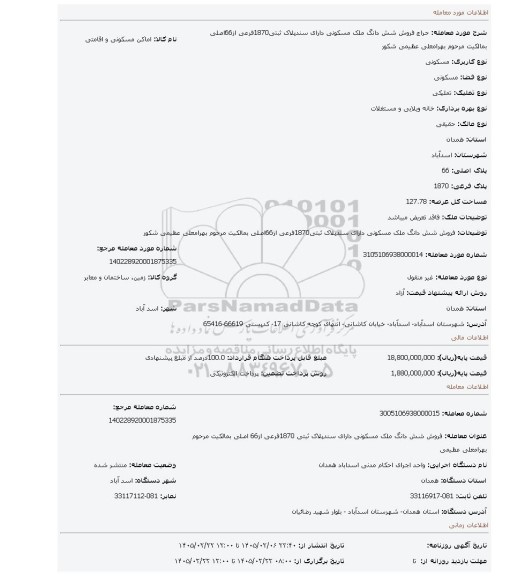 مزایده،  فروش شش دانگ ملک مسکونی دارای سندپلاک ثبتی1870فرعی از66اصلی بمالکیت مرحوم بهرامعلی عظیمی شکور