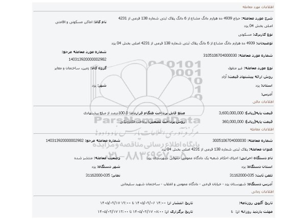 مزایده، 4939 ده هزارم دانگ مشاع از 6 دانگ  پلاک ثبتی شماره 138 فرعی از 4231 اصلی بخش 04 یزد