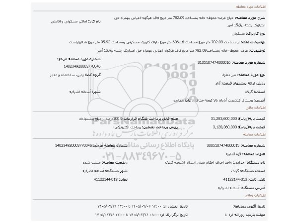 مزایده، عرصه محوطه خانه بمساحت782.09 متر مربع فاقد هرگونه اعیانی بهمراه حق امتیازیک رشته برق15 آمپر