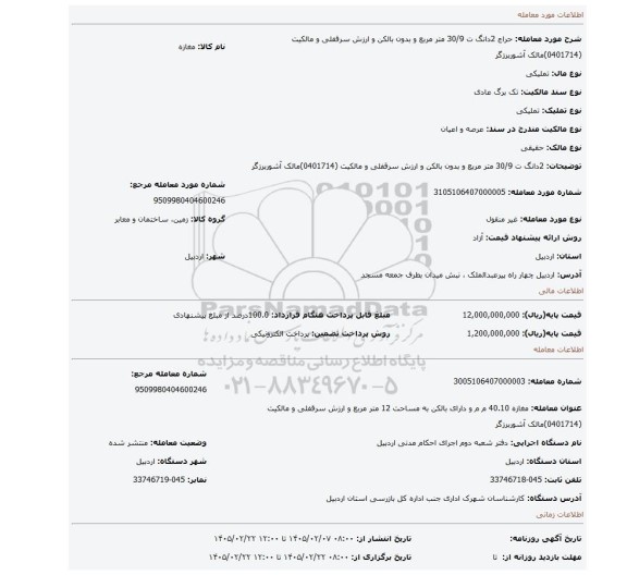 مزایده، 2دانگ ت 30/9 متر مربع و بدون بالکن و ارزش سرقفلی و مالکیت  (0401714)مالک آشوربرزگر