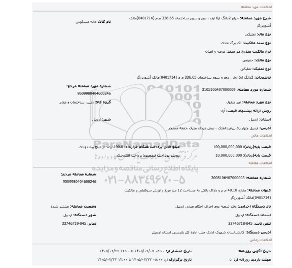 مزایده، 2دانگ از6 اول ، دوم و سوم ساختمان  336.65 م  م  (0401714)مالک آشوربرزگر
