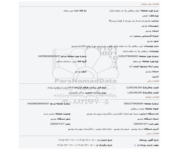 مزایده، سرقفلی یک باب مغازه تجاری