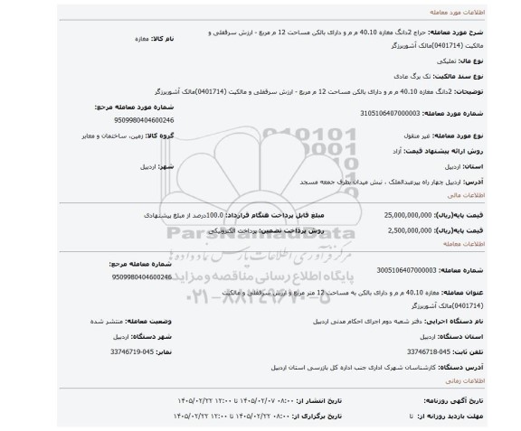 مزایده، 2دانگ مغازه 40.10 م م و دارای بالکن  مساحت 12 م مربع - ارزش سرقفلی و مالکیت (0401714)مالک آشوربرزگر