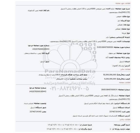 مزایده، 6قطعه زمین مزروعی  8300  فرعی از 119 اصلی واقع در بخش 3   اردبیل (0401175)مالک ودودمحجوب