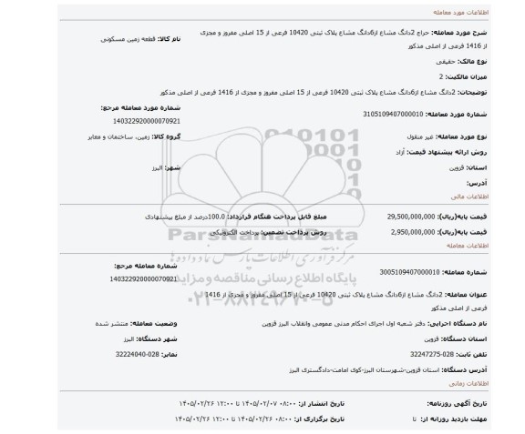 مزایده، 2دانگ مشاع از6دانگ مشاع پلاک ثبتی 10420 فرعی از 15 اصلی مفروز و مجزی از 1416 فرعی از اصلی مذکور