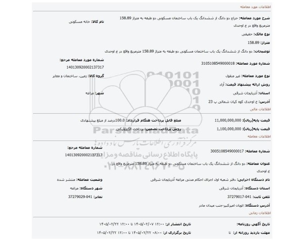 مزایده، دو دانگ از ششدانگ یک باب ساختمان مسکونی دو طبقه به متراژ 158.89 مترمربع واقع در خ اوحدی