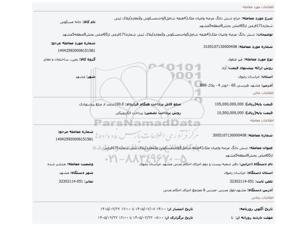 مزایده، شش دانگ عرصه واعیان ملک(4طبقه شامل5واحدمسکونی و2مغازه)پلاک ثبتی شماره171فرعی از65اصلی بخش9منطقه5مشهد