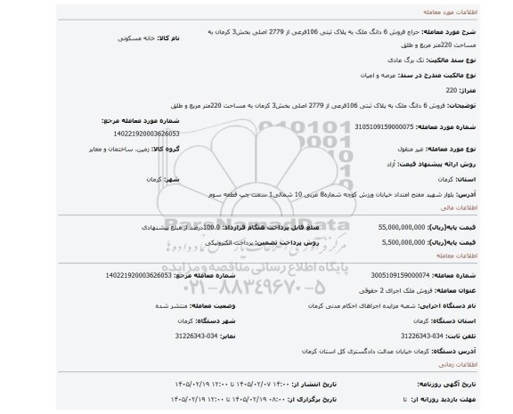 مزایده، فروش 6 دانگ ملک به پلاک ثبتی 106فرعی از 2779 اصلی بخش3 کرمان به مساحت 220متر مربع و طلق
