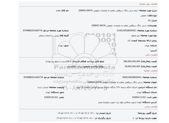 مزایده، شش دانگ سرقفلی مغازه به مختصات عمومی 39476-538945
