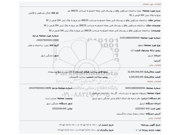 مزایده، ساختمان مسکونی واقع در روستای النی محله احمدلو به مساحت 389/25 متر مربع به پلاک ثبتی 304 فرعی از 92