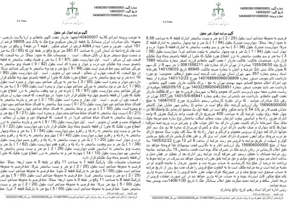 مزایده ششدانگ یک قطعه آپارتمان مسکونی به پلاک ثبتی 39005 فرعی از 151 اصلی به مساحت 26.51  مترمربع