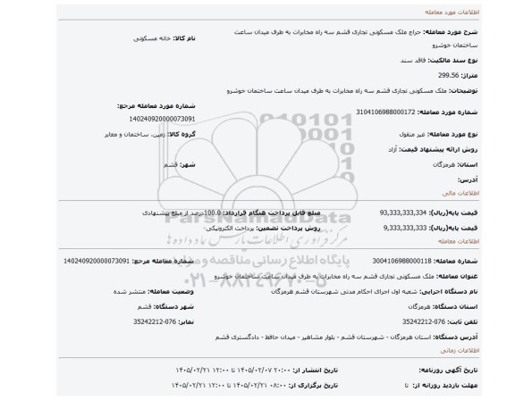 مزایده، ملک مسکونی  تجاری قشم سه راه مخابرات به طرف میدان ساعت ساختمان خوشرو