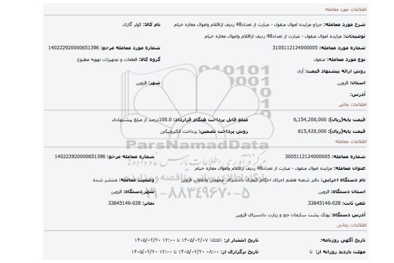 مزایده، مزایده اموال منقول - عبارت از تعداد48 ردیف ازاقلام واموال مغازه خیام