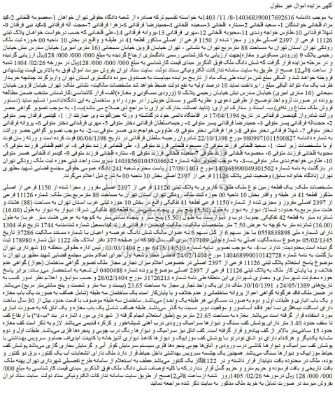 مزایده ملک پلاک ثبتی 11126 فرعی از 2397 اصلی مفروز و مجزا شده از 1150 فرعی از اصلی
