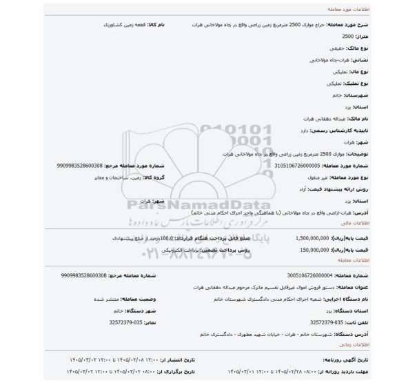 مزایده، موازی 2500 مترمربع زمین زراعی واقع در چاه مولاخانی هرات