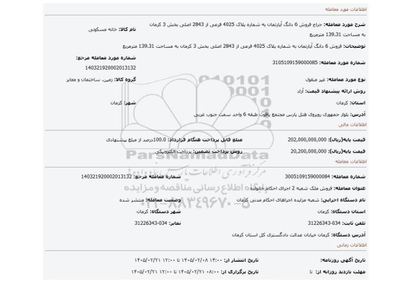مزایده،  فروش  6 دانگ آپارتمان به شماره پلاک 4025 فرعی از 2843 اصلی بخش 3 کرمان به مساحت 139.31 مترمربع