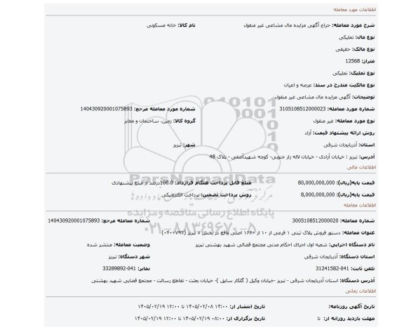 مزایده، آگهی مزایده مال مشاعی غیر منقول