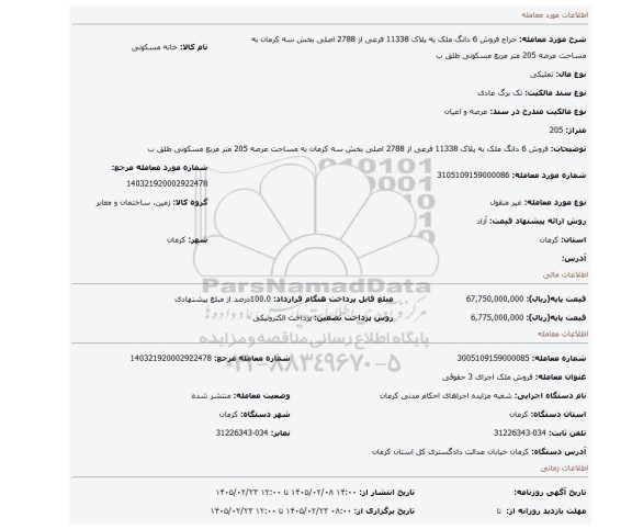 مزایده، فروش 6 دانگ ملک به پلاک 11338 فرعی از 2788 اصلی بخش سه کرمان به مساحت عرصه 205 متر مربع مسکونی طلق ب