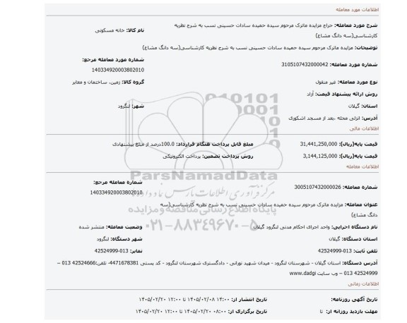 مزایده، مزایده ماترک مرحوم سیده حمیده سادات حسینی نسب به شرح نظریه کارشناسی(سه دانگ مشاع)